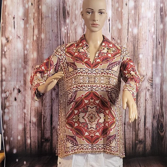 Talbots Women's Long-sleeved Printed V-Neck Silk and Linen Blouse Size 8 - Picture 1 of 10